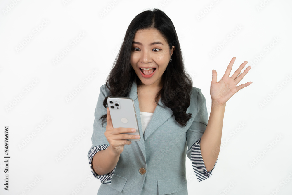 Surprise asian beautiful woman using smartphone isolated on white background. Surprise asian beautiful woman using smartphone isolated on white background.