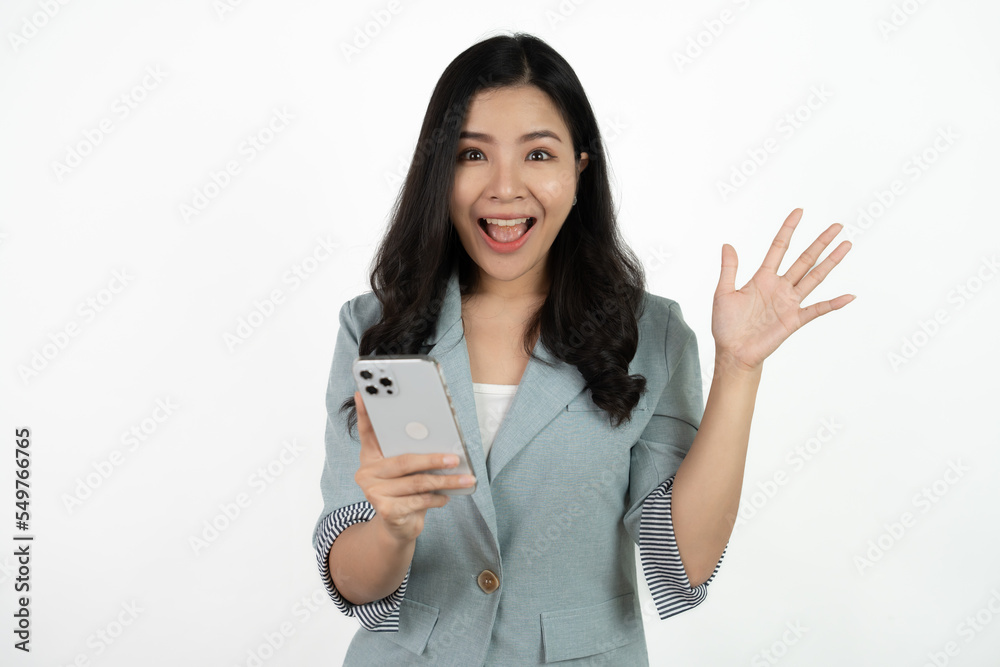 Surprise asian beautiful woman using smartphone isolated on white background. Surprise asian beautiful woman using smartphone isolated on white background.