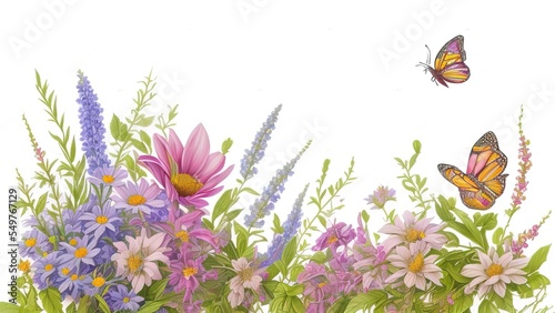 Beautiful wild flowers and butterfly, outdoors, A picturesque colorful artistic image with a soft focus.