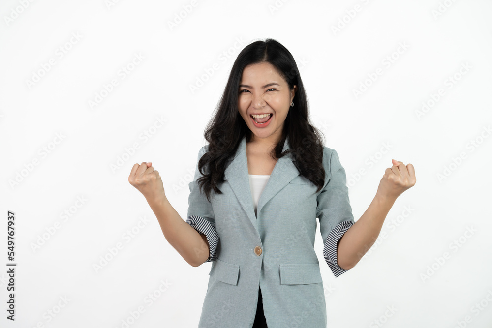 Excited young asian woman with raised hand celebrating success Portrait cheerful positive asian female with raised hands and fists open mouth Girl get happy enjoy life white background copy space. Excited young asian woman with raised hand celebrating success Portrait cheerful positive asian female with raised hands and fists open mouth Girl get happy enjoy life white background copy space.