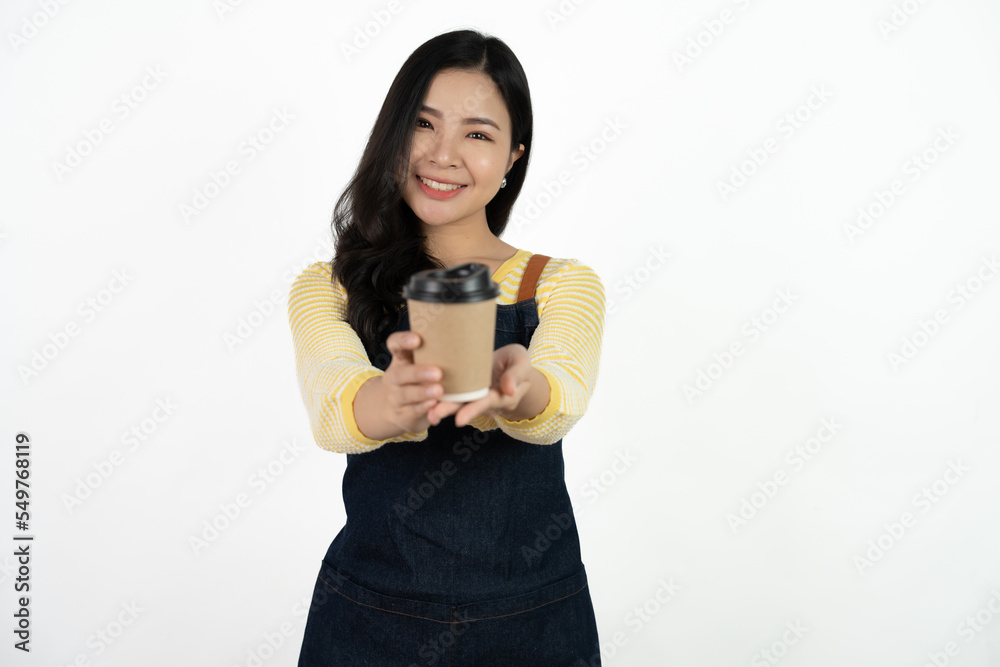 Portrait of asian waitress beaufitul female is posing in the studio with happy smiling at isolate on white background studio. Portrait of asian waitress beaufitul female is posing in the studio with happy smiling at isolate on white background studio.