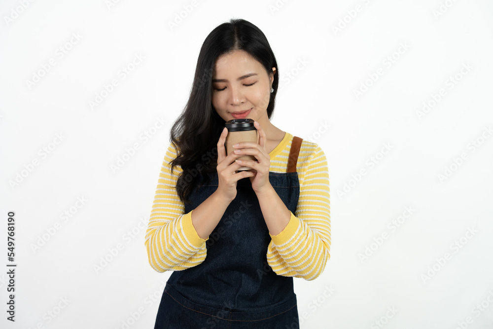 Portrait of asian waitress beaufitul female is posing in the studio with happy smiling at isolate on white background studio. Portrait of asian waitress beaufitul female is posing in the studio with happy smiling at isolate on white background studio.