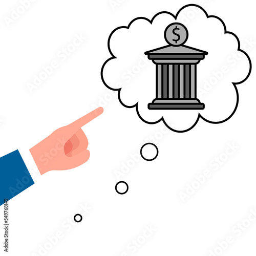 icon of a hand pointing to a thought about a bank