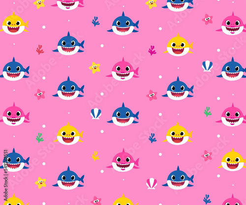 Kids birthday party in ocean style background. Baby shark vector icon
