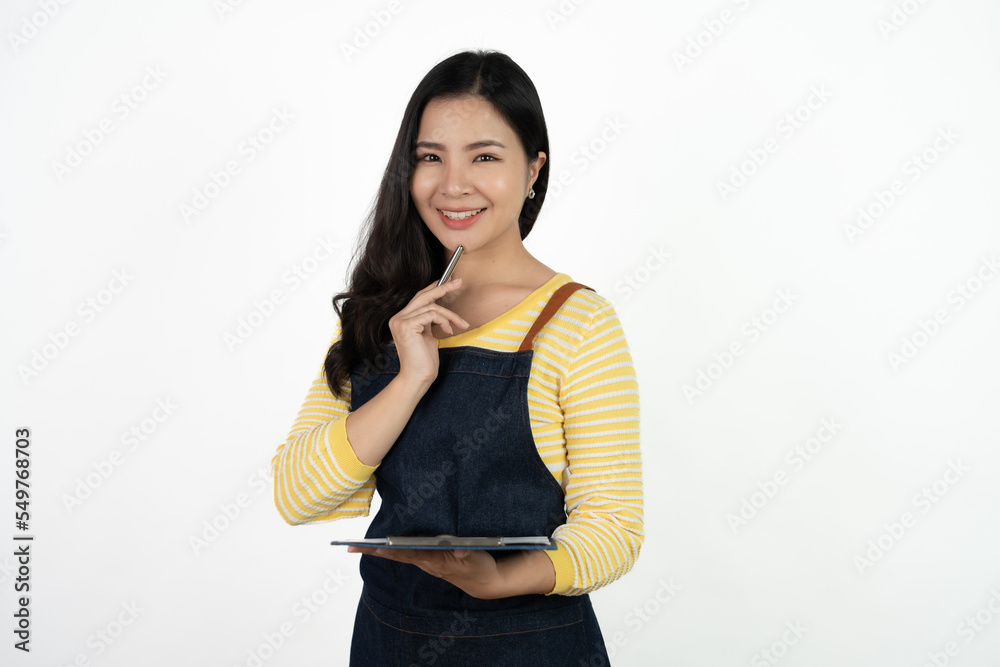 Portrait of asian waitress beaufitul female is posing in the studio with happy smiling at isolate on white background studio. Portrait of asian waitress beaufitul female is posing in the studio with happy smiling at isolate on white background studio.