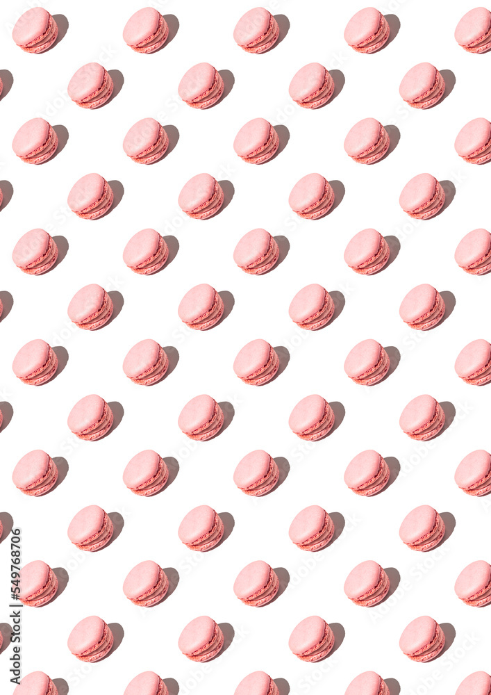 Pattern with strawberry macarons and white background Pattern with strawberry macarons and white background