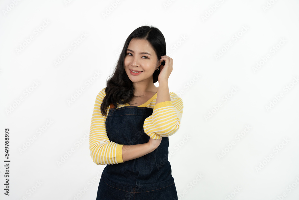 Portrait of asian waitress beaufitul female is posing in the studio with happy smiling at isolate on white background studio. Portrait of asian waitress beaufitul female is posing in the studio with happy smiling at isolate on white background studio.