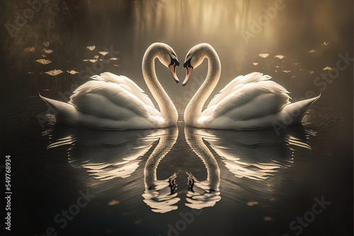Fototapeta Naklejka Na Ścianę i Meble -  Reflected swan. Love couple white swans background.
