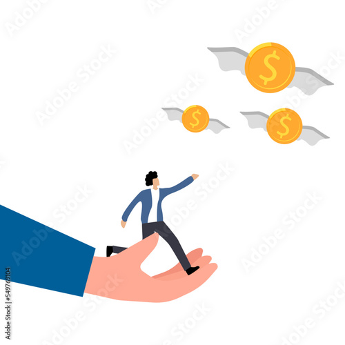 illustration of a man who runs from a human hand with money that flies away