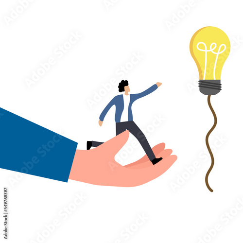 illustration of a man who runs from a human hand for an idea that flies away