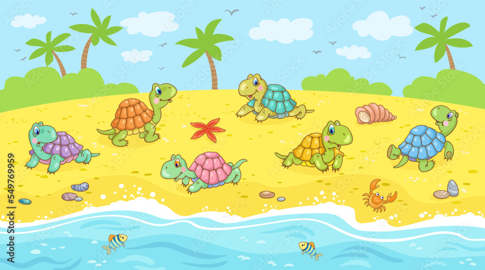 Six funny little turtles on the sea beach. Picture in cartoon style. Vector illustration
