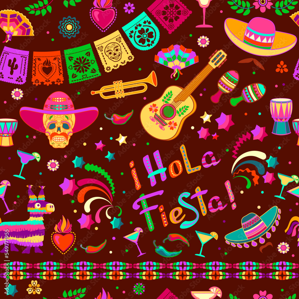 Fiesta seamless pattern. Mexican colorful flat symbols on brown. Vector.