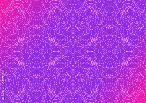 Hand-drawn abstract seamless ornament. Neon gradient (plastic pink to proton purple) background and glowing pattern on it. Cloth texture. Digital artwork, A4. (pattern: p07-1b)