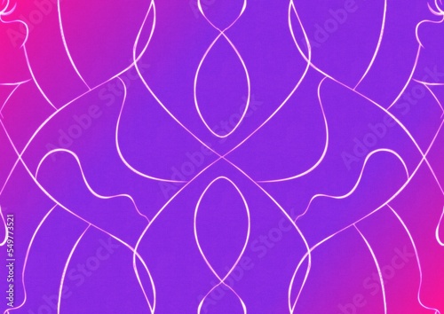 Hand-drawn abstract seamless ornament. Neon gradient (plastic pink to proton purple) background and glowing pattern on it. Cloth texture. Digital artwork, A4. (pattern: p08-1a)
