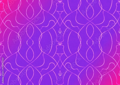 Hand-drawn abstract seamless ornament. Neon gradient (plastic pink to proton purple) background and glowing pattern on it. Cloth texture. Digital artwork, A4. (pattern: p08-1b)