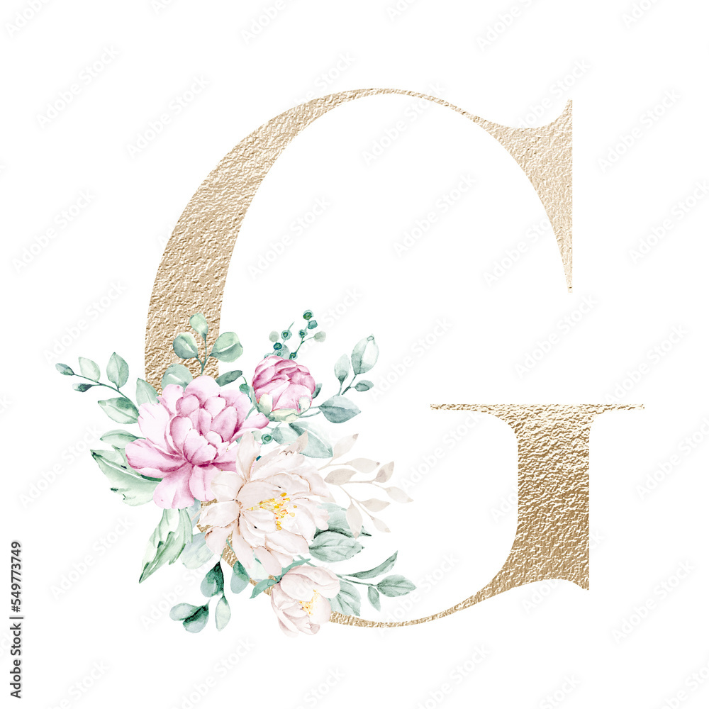 Floral alphabet, gold letter G with watercolor flowers and leaf