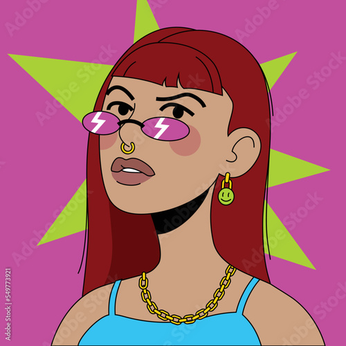 Teenage girl in sunglasses and earrings with a smiley face NFT Concept. Vector illustration