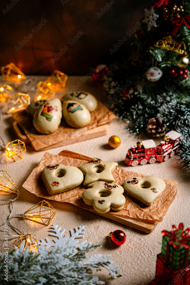 Chinese Steamed Buns or Mantou with christmas decoration