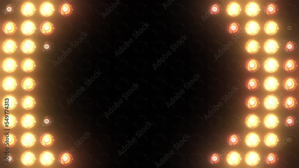 Colorful loop led back wall light bulbs. Glowing lamp background animation. Golden motion background for music video or stage event entertainment or concert. Copy space for text or logo