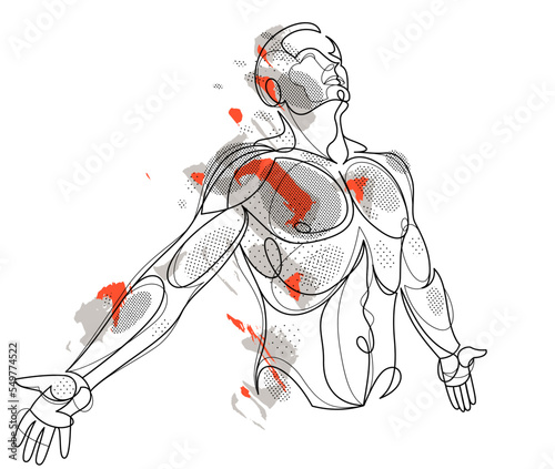 Man with spread hands showing pose of freedom like feeling that he can fly, vector linear illustration, emotional concept of feel free and happy.