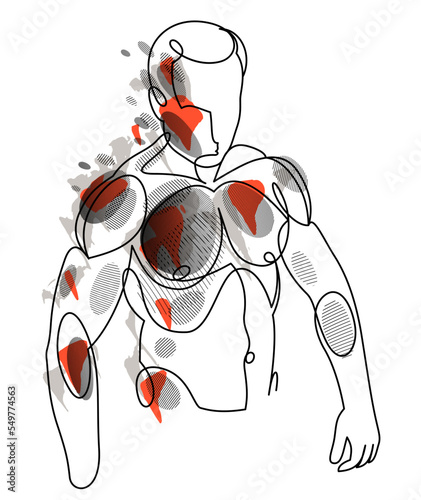 Linear drawing of a perfect body fit model man posing vector illustration isolated, muscular macho sexy guy with naked torso topless.