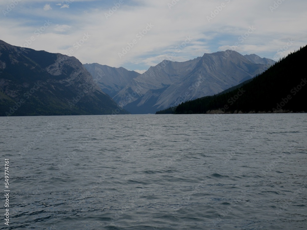 Landscape in mountains view at cruise boat  at Lake Minnewanka 