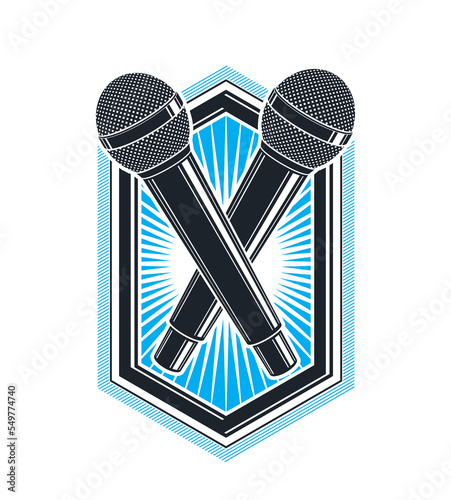 Two microphones vector logo or emblem isolated on white, MC rapper or rap battle concept, stand up comic or radio, blogger.