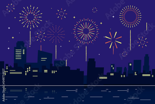 Holiday celebration panorama with firework show background design.