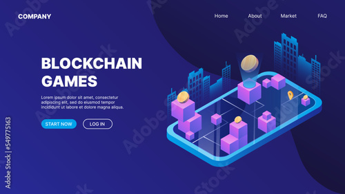 Blockchain game digital illustration. Metaverse concept. P2E Crypto Games Landing Page Concept. Earn money playing NFT Games. Vector illustration