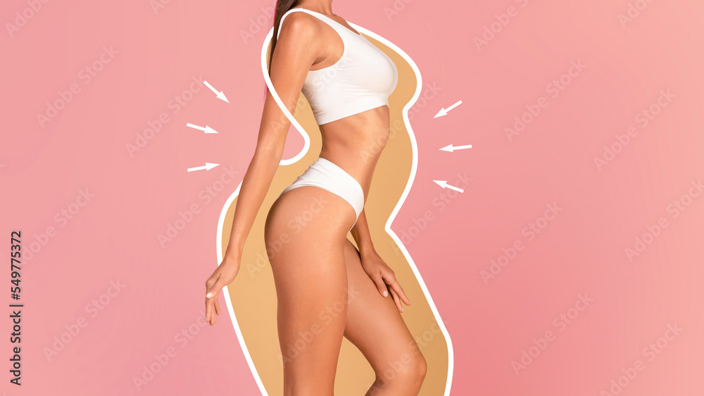 Dieting Concept. Slim Female In Underwear With Drawn Silhouette Around Her Body - obrazy, fototapety, plakaty 