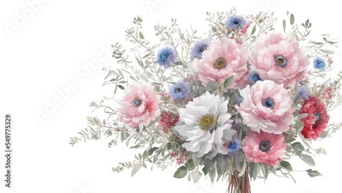 White flowers, leaves hand painted on white background. Water color bouquet flowers with anemone and eucalyptus.