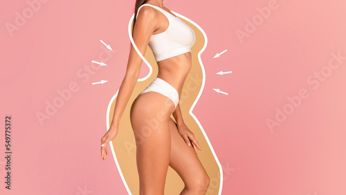 Dieting Concept. Slim Female In Underwear With Drawn Silhouette Around Her Body photo