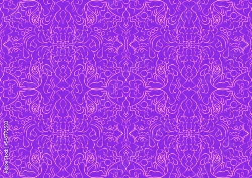 Hand-drawn abstract seamless ornament. Neon purple (proton purple) background and glowing pink pattern on it. Cloth texture. Digital artwork, A4. (pattern: p07-1b)