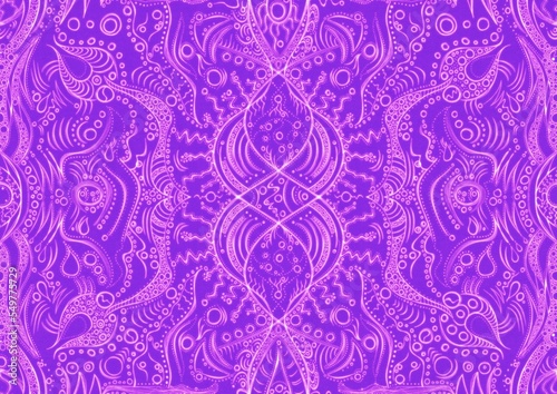 Hand-drawn abstract seamless ornament. Neon purple (proton purple) background and glowing pink pattern on it. Cloth texture. Digital artwork, A4. (pattern: p09a)