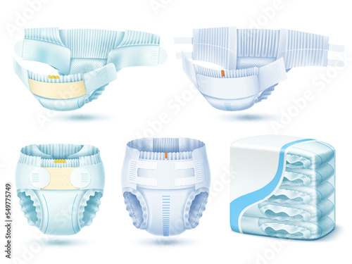Realistic diapers. Absorbent newborns panties, baby body care, hygienic cotton napkins, toddlers comfort, rine protection, packaging mockup, 3d isolated elements, utter vector set