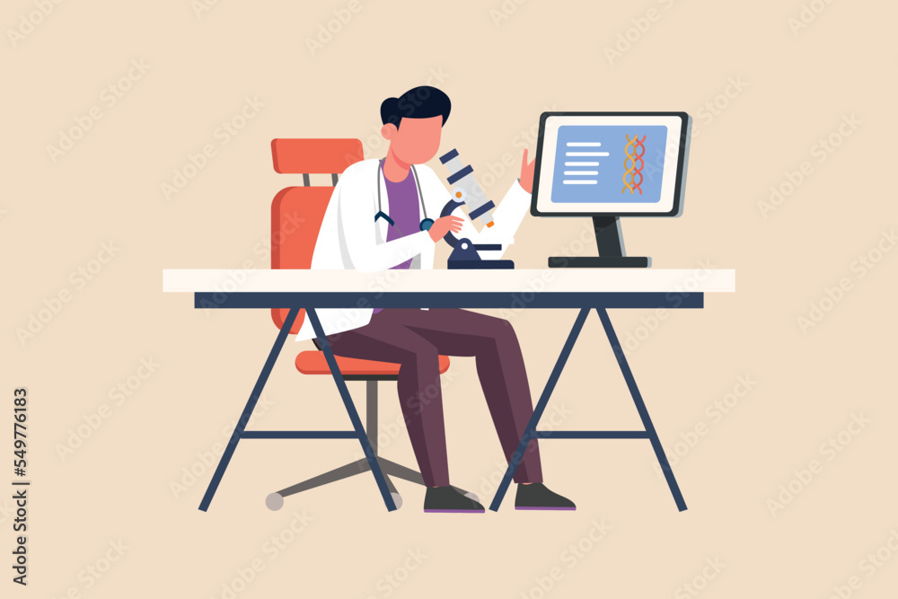 Male Chemist checks sample with a microscope and computer. Concept of scientist activity in laboratory. Flat vector illustrations isolated on white background. Male Chemist checks sample with a microscope and computer. Concept of scientist activity in laboratory. Flat vector illustrations isolated on white background.