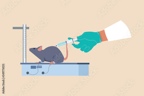 Researcher injecting chemical to mice. Concept of scientist activity in laboratory. Flat vector illustrations isolated on white background.