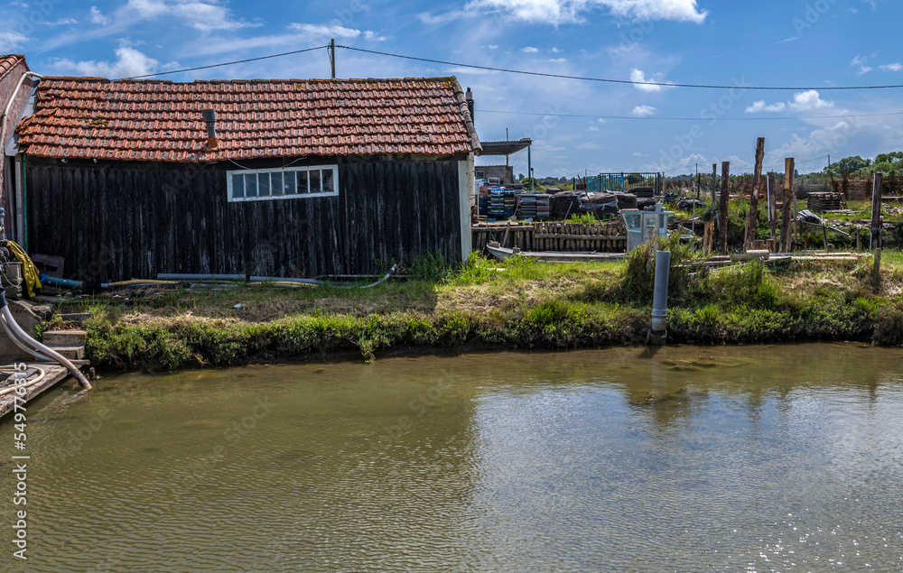 Fototapeta premium Cabane ostréicole au Port-des-Salines sur l'île d'Oléron au Grand-Village-Plage, Charente-Maritime, France