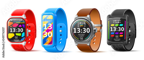 Smartwatches set. Realistic electronic sportbands angle view, wearable wrist accessories, multifunctional gadgets, display screen, healthcare objects, 3d isolated elements, utter vector set
