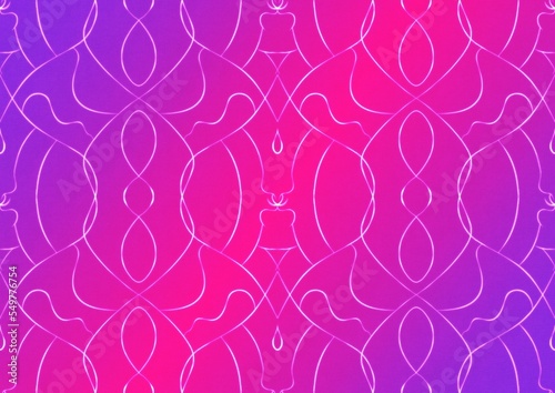 Hand-drawn abstract seamless ornament. Neon gradient (plastic pink to proton purple) background and glowing pattern on it. Cloth texture. Digital artwork, A4. (pattern: p08-1b)