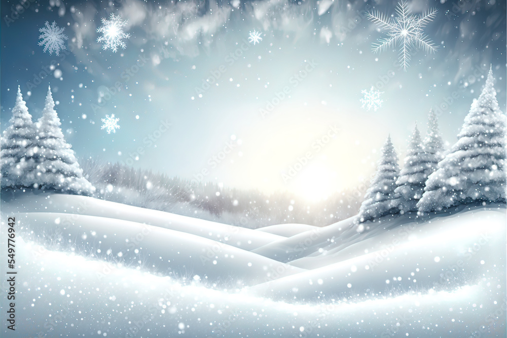 Christmas landscape background. Winter wallpaper with snowflakes in the sky.