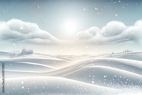 Christmas landscape background. Winter wallpaper with snowflakes in the sky.