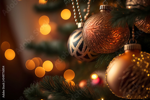 Christmas tree decoration indoor wallpaper. Colourful ornaments and lights.