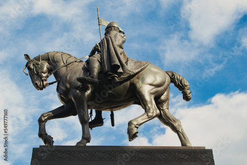 Statue of St Wenceslas under sky, from side. Prague. Czech Republic. photo