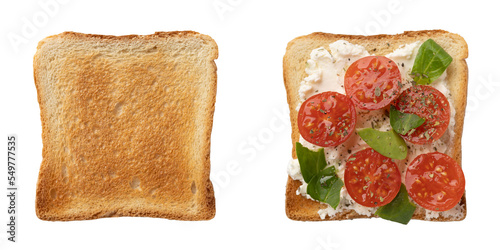 set of toasts with feta cheese and cherry tomatoes isolated on white background photo