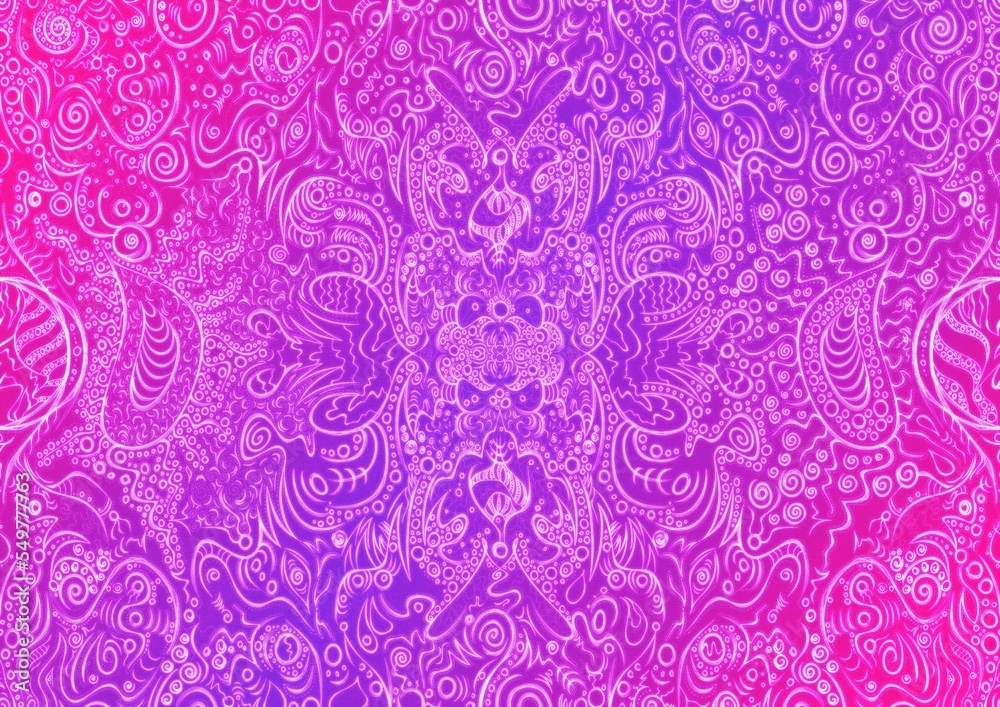 Hand-drawn abstract seamless ornament. Neon gradient (plastic pink to proton purple) background and glowing pattern on it. Cloth texture. Digital artwork, A4. (pattern: p04a) Hand-drawn abstract seamless ornament. Neon gradient (plastic pink to proton purple) background and glowing pattern on it. Cloth texture. Digital artwork, A4. (pattern: p04a)