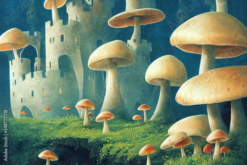 fantastic wonderland landscape with mushrooms, beautiful old castle