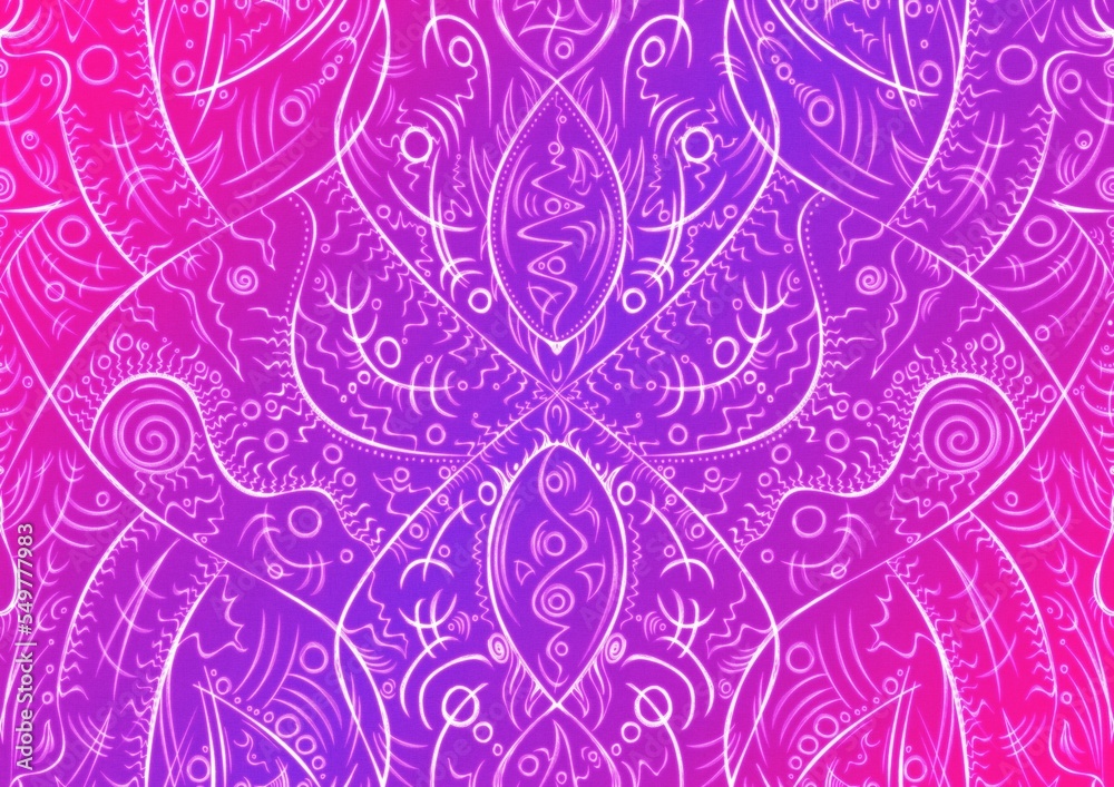 Hand-drawn abstract seamless ornament. Neon gradient (plastic pink to proton purple) background and glowing pattern on it. Cloth texture. Digital artwork, A4. (pattern: p08-2a) Hand-drawn abstract seamless ornament. Neon gradient (plastic pink to proton purple) background and glowing pattern on it. Cloth texture. Digital artwork, A4. (pattern: p08-2a)