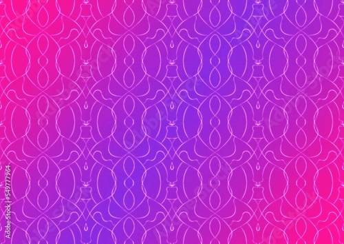 Hand-drawn abstract seamless ornament. Neon gradient (plastic pink to proton purple) background and glowing pattern on it. Cloth texture. Digital artwork, A4. (pattern: p08-1c)