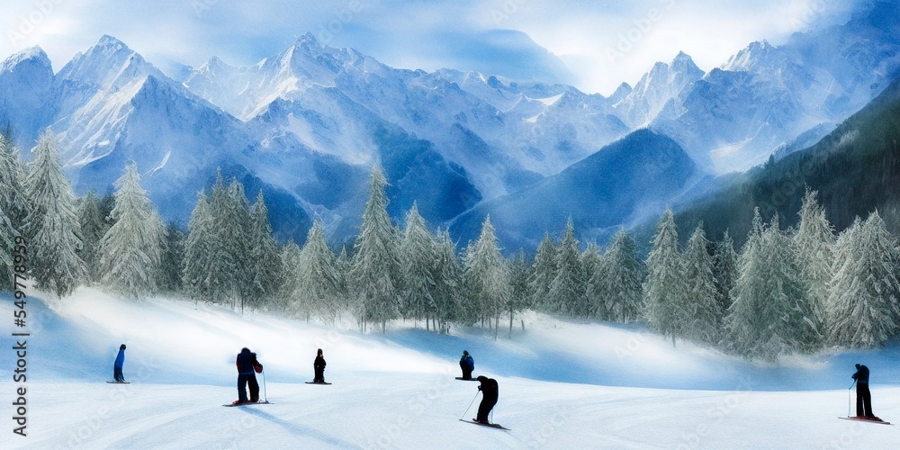 AI-generated Image Of Ski Sliders On A Slope In The Alps Watercolor Landscape